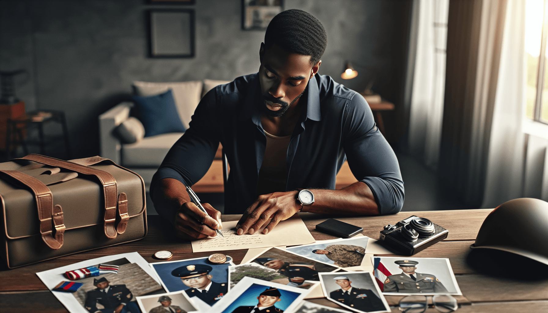 A veteran sitting at a desk writing a statement with military service photos nearby